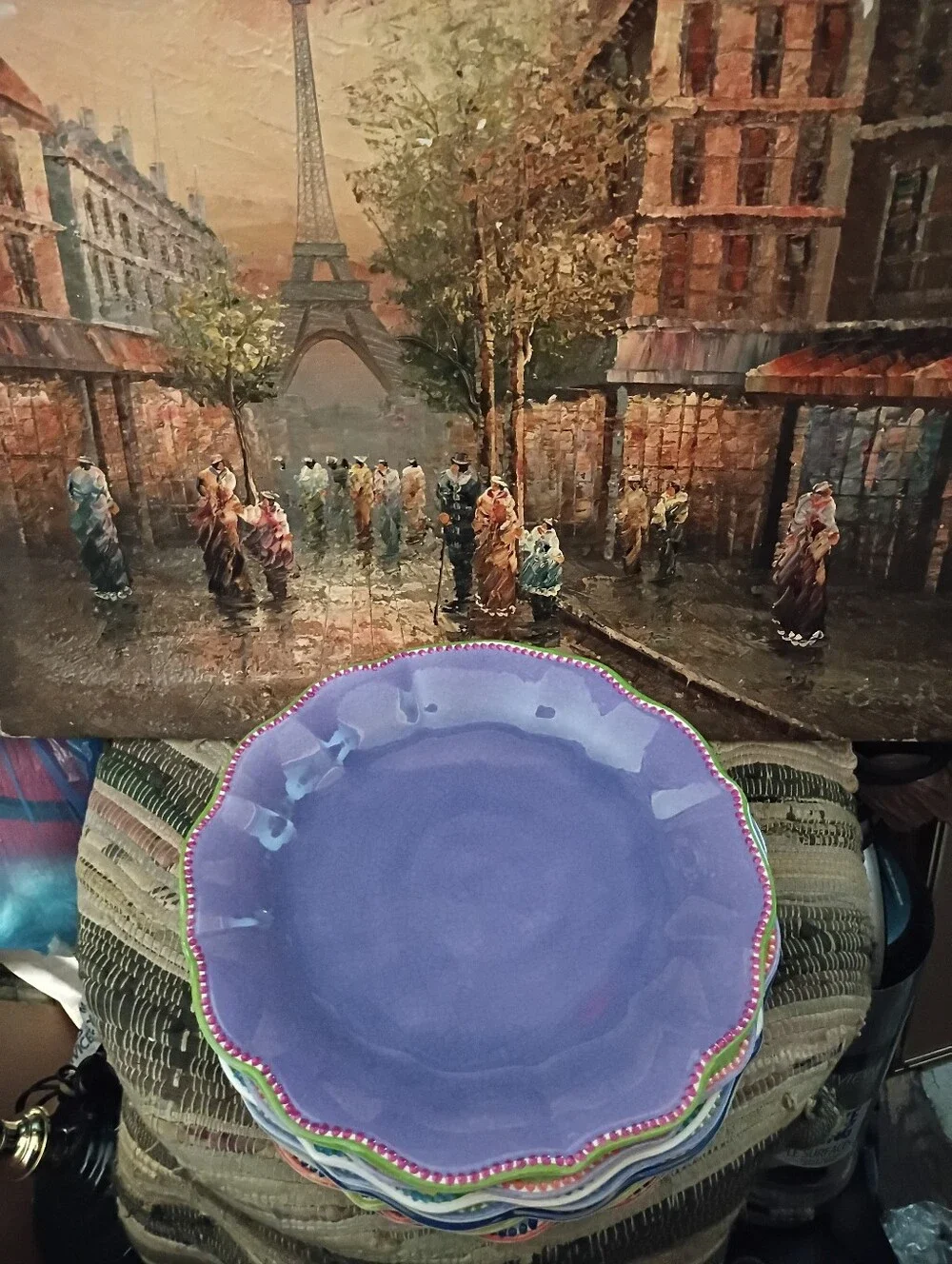 Hand-Painted Scalloped Melamine Dinner Plates - Lavender with Multicolor Plates